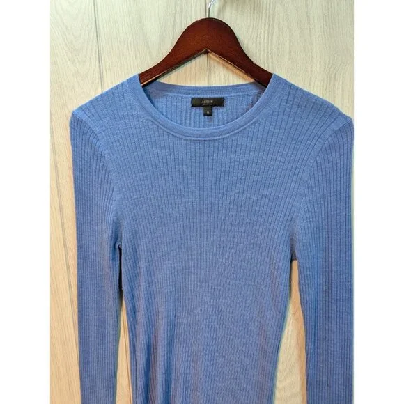 J. Crew Size Medium Blue Ribbed 100% Merino Wool Sweater Slim Fit Thin - Picture 2 of 7